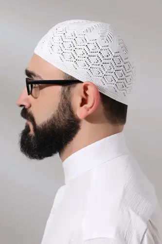 Kubbetul Hadra Platinum Series Lace Detailed Knitted Prayer Skull White - ihvanonline (1)