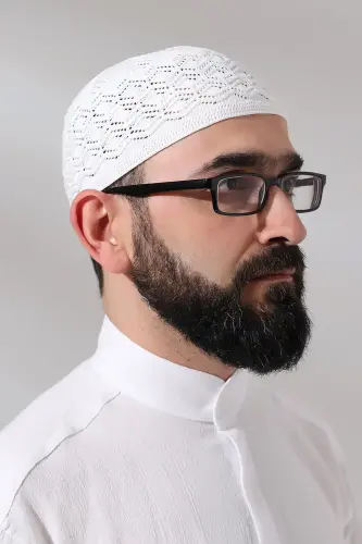 Kubbetul Hadra Platinum Series Lace Detailed Knitted Prayer Skull White - 3