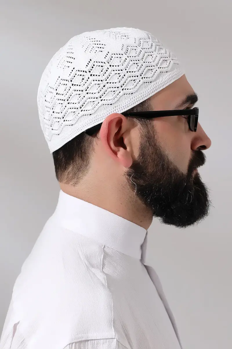 Kubbetul Hadra Platinum Series Lace Detailed Knitted Prayer Skull White - 4