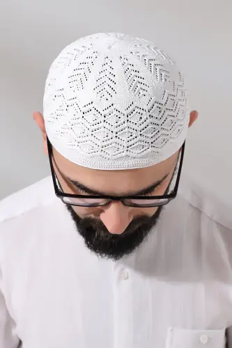 Kubbetul Hadra Platinum Series Lace Detailed Knitted Prayer Skull White - 6