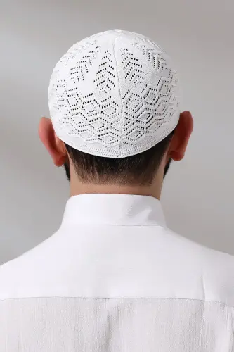 Kubbetul Hadra Platinum Series Lace Detailed Knitted Prayer Skull White - 7