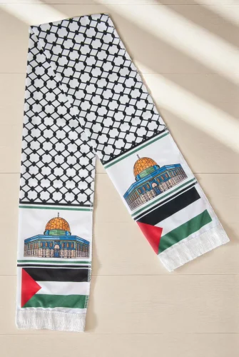 Kudüs Temalı Filistin Desenli Saten Atkı - Beyaz - 2