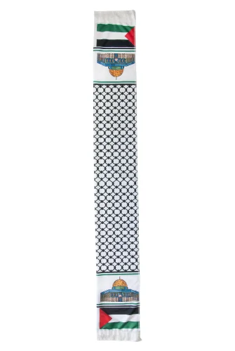 Kudüs Temalı Filistin Desenli Saten Atkı - Beyaz - 3