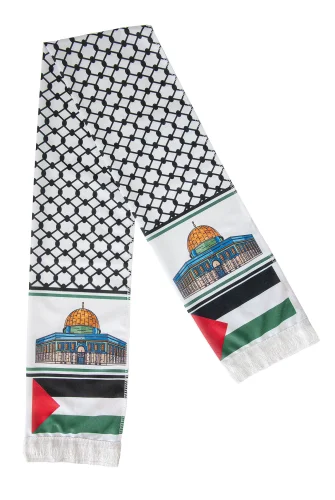 Kudüs Temalı Filistin Desenli Saten Atkı - Beyaz - 4