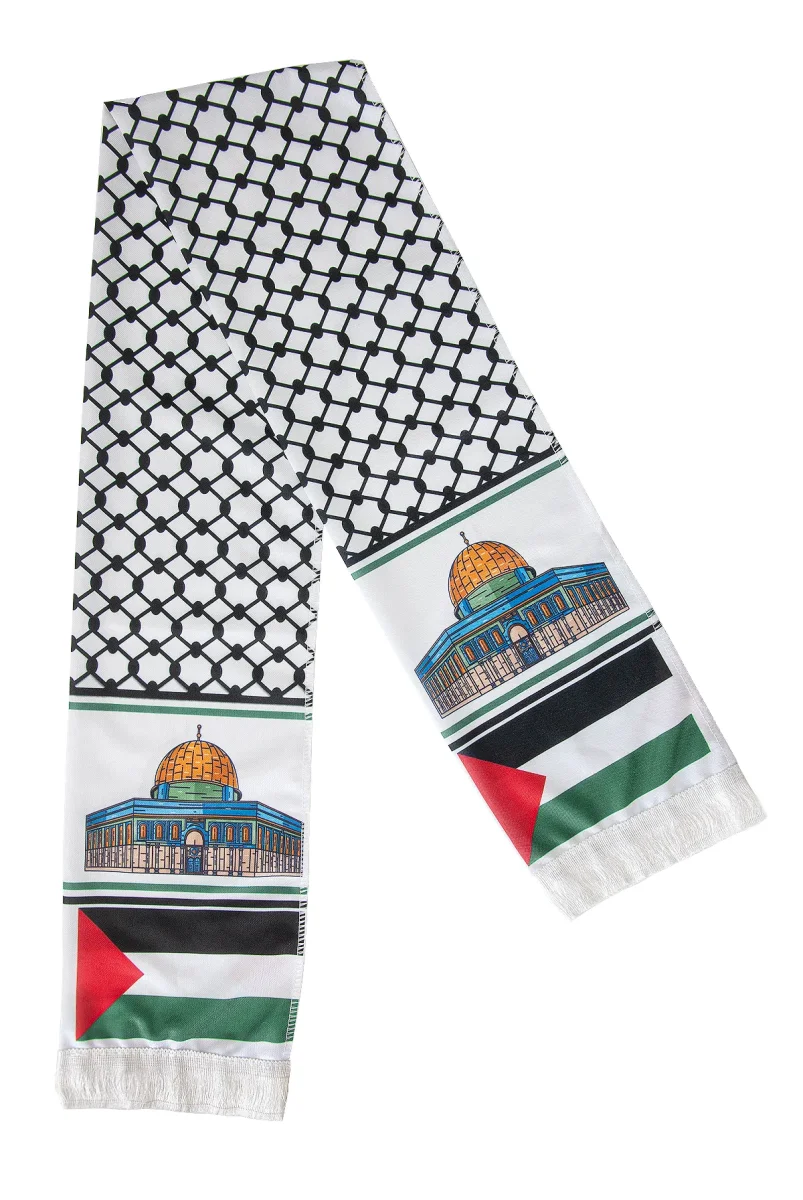 Kudüs Temalı Filistin Desenli Saten Atkı - Beyaz - 4