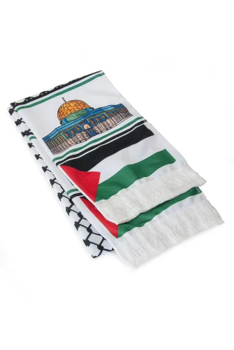 Kudüs Temalı Filistin Desenli Saten Atkı - Beyaz - 5