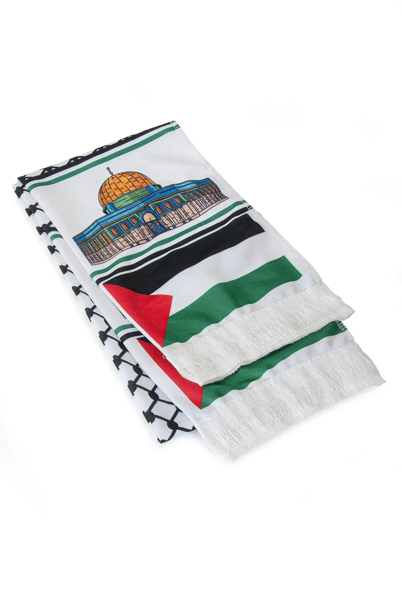 Kudüs Temalı Filistin Desenli Saten Atkı - Beyaz - 5