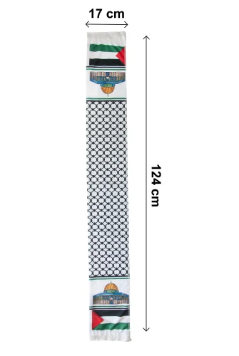 Kudüs Temalı Filistin Desenli Saten Atkı - Beyaz - 8