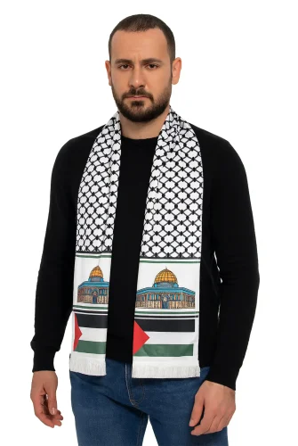 Kudüs Temalı Filistin Desenli Saten Atkı - Beyaz - 1