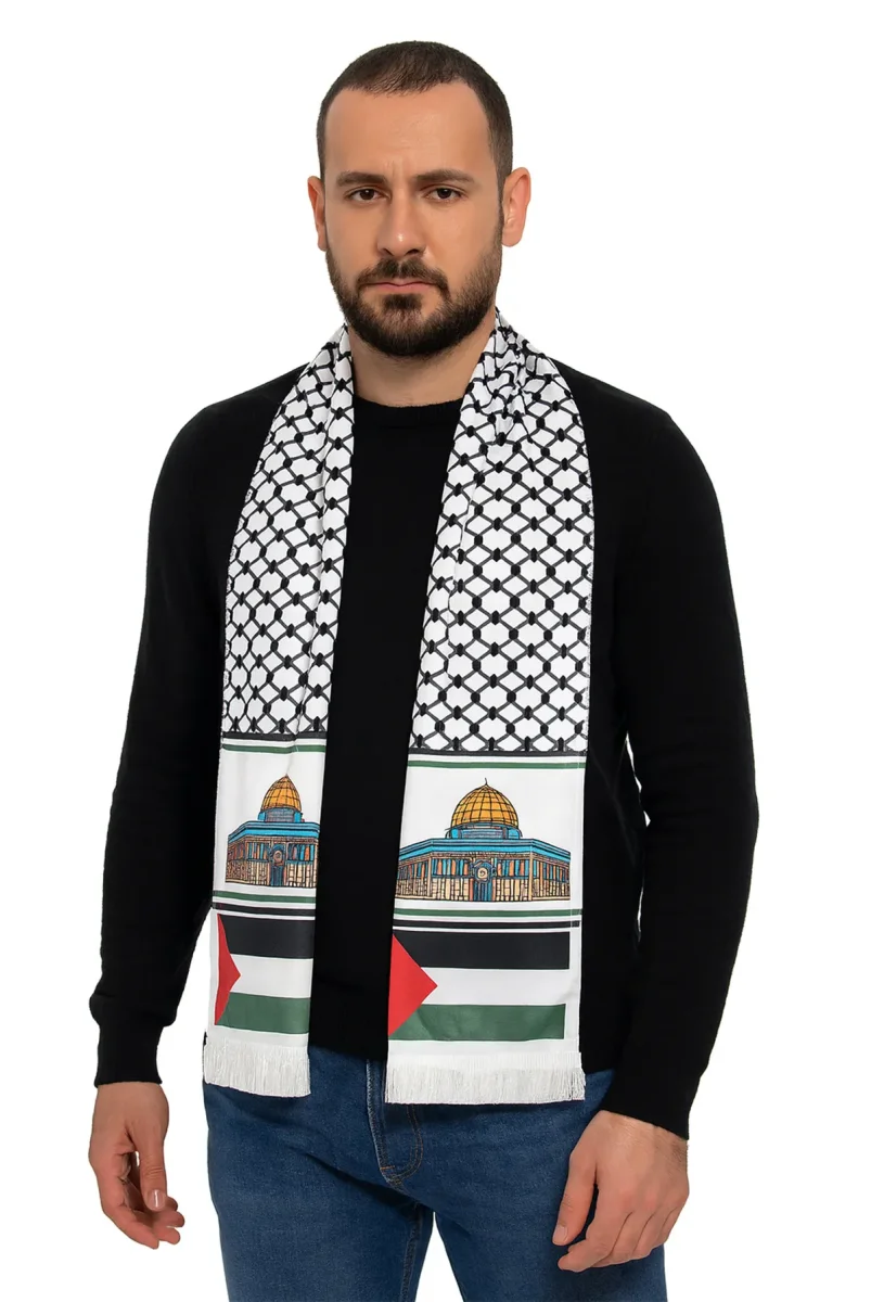 Kudüs Temalı Filistin Desenli Saten Atkı - Beyaz - 1