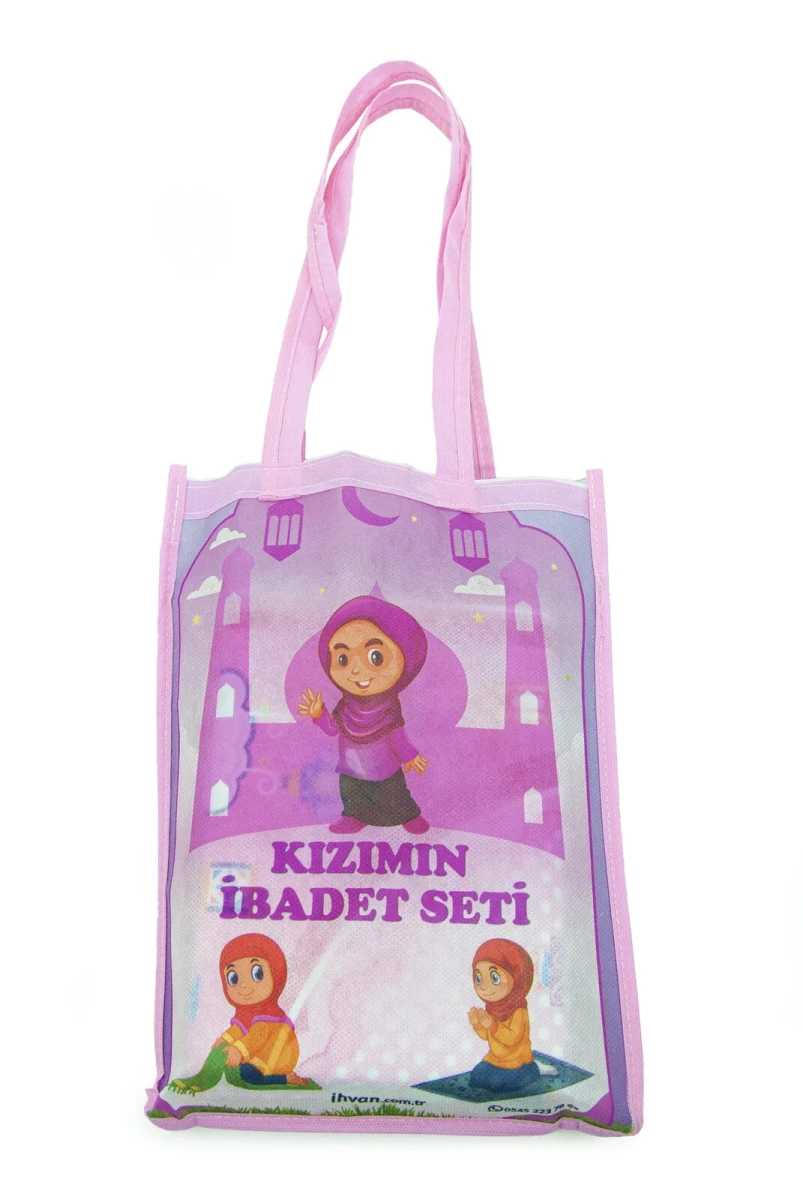 Kuran Kursları İçin Çantalı Kız Çocuk Namaz Elbisesi, Kuranı Kerim, Tesbih İbadet Seti Pembe - 4