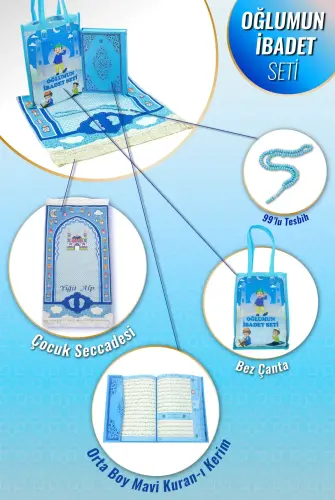 Kuran Kursları İçin Çocuk Çantalı Kuranı Kerim Tesbih İsimli Seccade Seti Mavi - 1