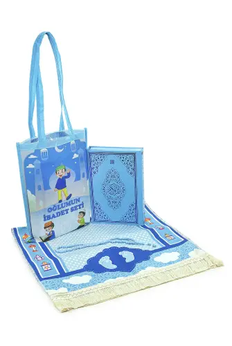 Kuran Kursları İçin Çocuk Çantalı Kuranı Kerim Tesbih İsimli Seccade Seti Mavi - ihvanonline (1)