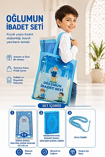 Kuran Kursları İçin Çocuk Çantalı Kuranı Kerim Tesbih İsimli Seccade Seti Mavi 