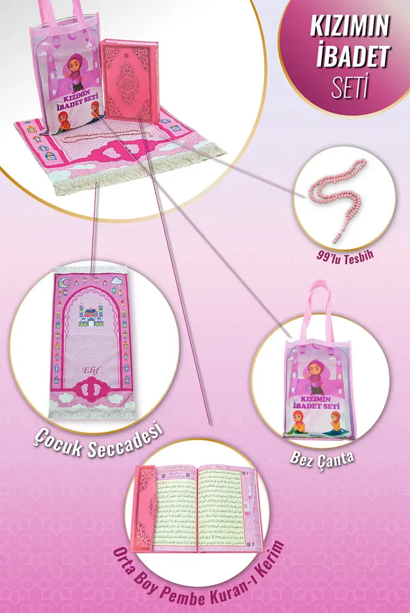 Kuran Kursları İçin Çocuk Çantalı Kuranı Kerim Tesbih İsimli Seccade Seti Pembe - 1