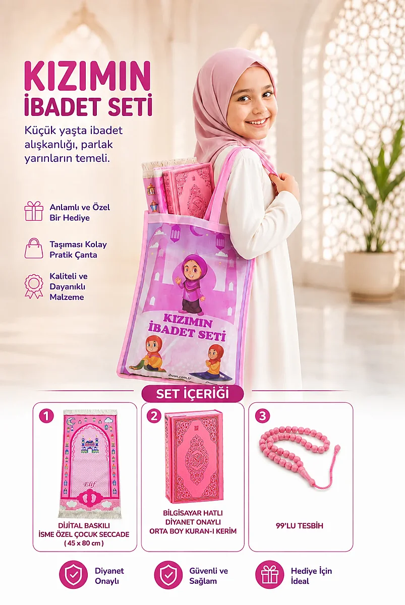 Kuran Kursları İçin Çocuk Çantalı Kuranı Kerim Tesbih İsimli Seccade Seti Pembe - 1