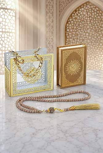 Kuranı Kerim Tesbih Pleksi Çantalı Hediyelik Seti - Hafız Boy - Gold - 1