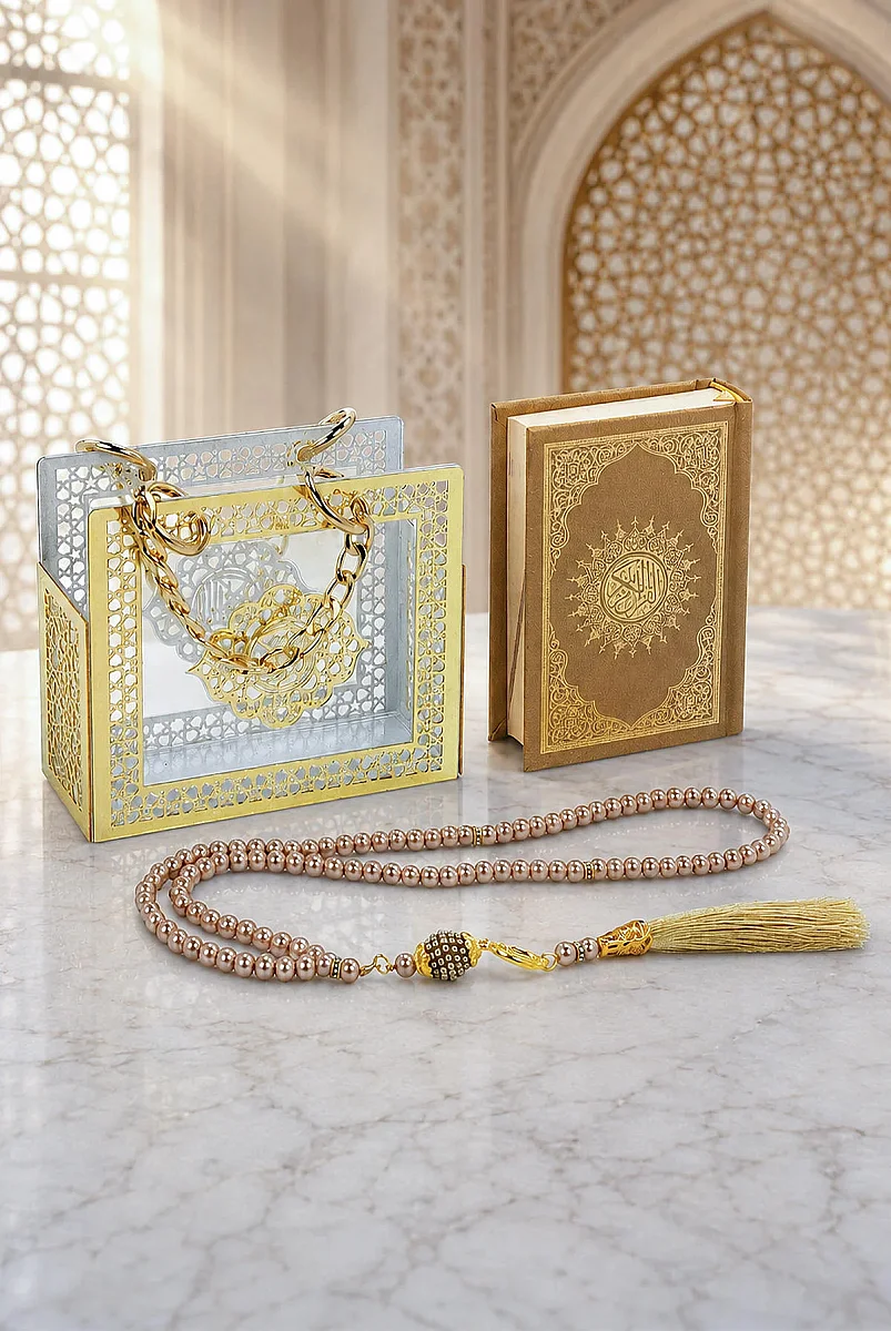 Kuranı Kerim Tesbih Pleksi Çantalı Hediyelik Seti - Hafız Boy - Gold - 1