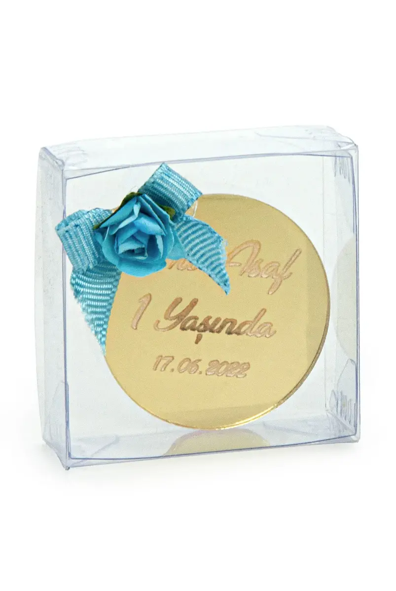 Kutulu İsme Özel Aynalı Pleksi Dolap Süsü Bebek Mevlüt Hediye Seti Mavi - 1