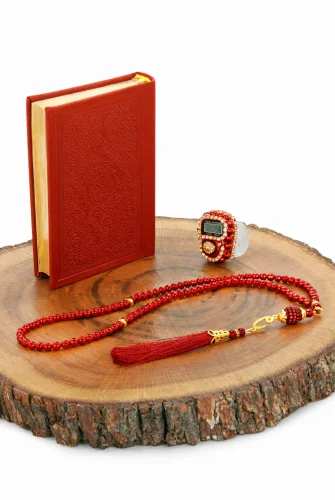 Kutulu Kur’an-ı Kerim Seti | Tesbih + Zikirmatik Hediye Seti - Kırmızı - 10