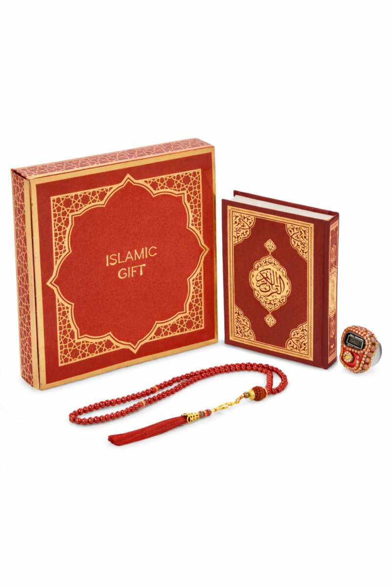 Kutulu Kuranı Kerim Seti | Tesbih + Zikirmatik Hediye Seti - Kırmızı - 6