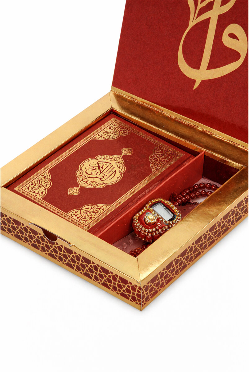 Kutulu Kuranı Kerim Seti | Tesbih + Zikirmatik Hediye Seti - Kırmızı - 2
