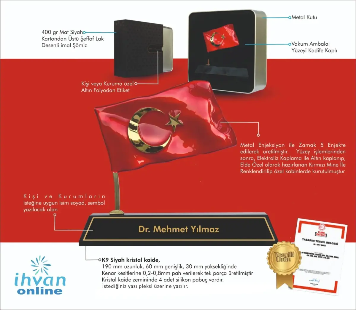 Kutulu Türk Bayraklı Metal Kişiye Özel Masaüstü İsimlik - 2