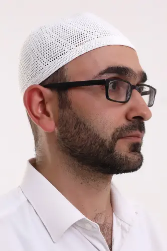 Lace Machine Knitted Men's Skullcap White - İhvan (1)