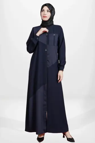 LACİVERT ASİMETRİK KUMAŞ DETAYLI CEPLİ FERMUARLI TESETTÜR FERACE 3901-25 - 1