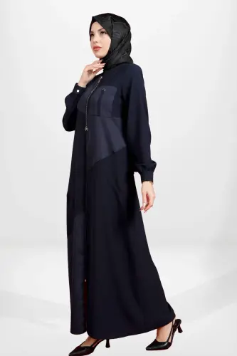 LACİVERT ASİMETRİK KUMAŞ DETAYLI CEPLİ FERMUARLI TESETTÜR FERACE 3901-25 - Beyza (1)