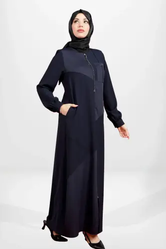 LACİVERT ASİMETRİK KUMAŞ DETAYLI CEPLİ FERMUARLI TESETTÜR FERACE 3901-25 - 3