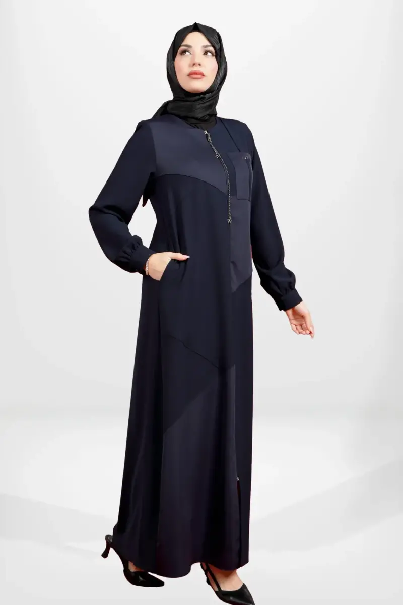 LACİVERT ASİMETRİK KUMAŞ DETAYLI CEPLİ FERMUARLI TESETTÜR FERACE 3901-25 - 3