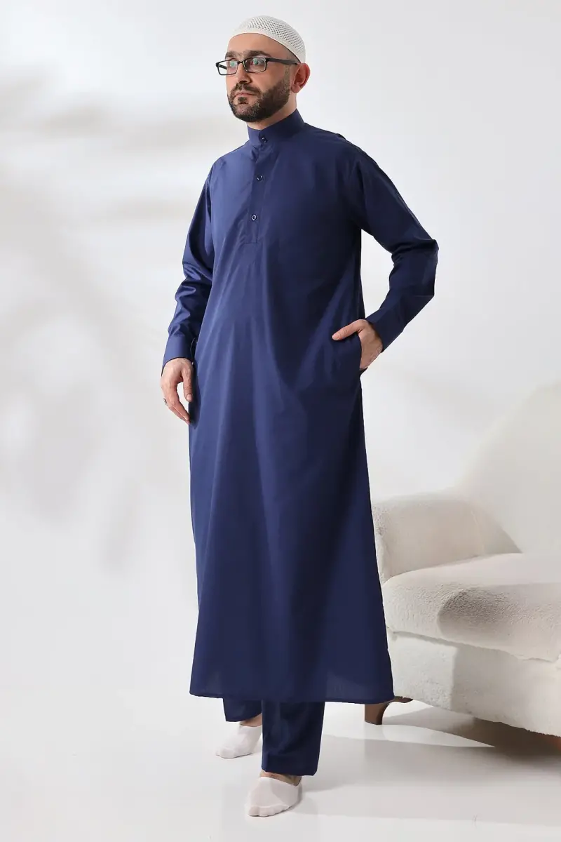 Lacivert Çınar Dagron Kumaş Erkek Hac Umre Kıyafeti Fistan Takımı - 3
