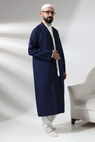 Lacivert Erkek Namaz Elbisesi V Yaka Düğmesiz Önü Açık Namaz Cübbesi 