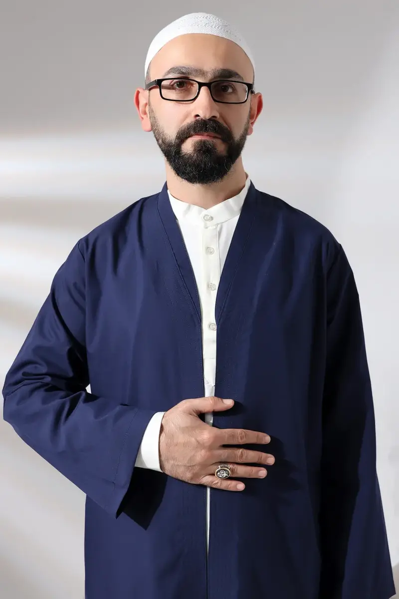 Lacivert Erkek Namaz Elbisesi V Yaka Düğmesiz Önü Açık Namaz Cübbesi - 5