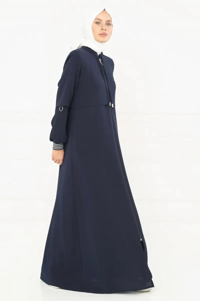 Lacivert Fermuarlı Cepkenli Spor Tesettür Ferace 3163-25 - 3