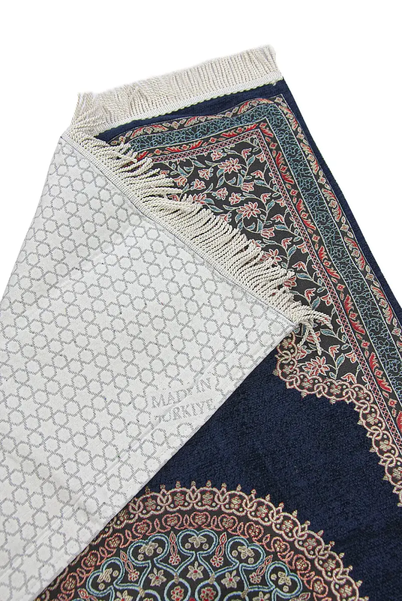 Lacivert Geleneksel Motifli Örgü Saçaklı Mihraplı Astarlı Şönil Seccade - 3