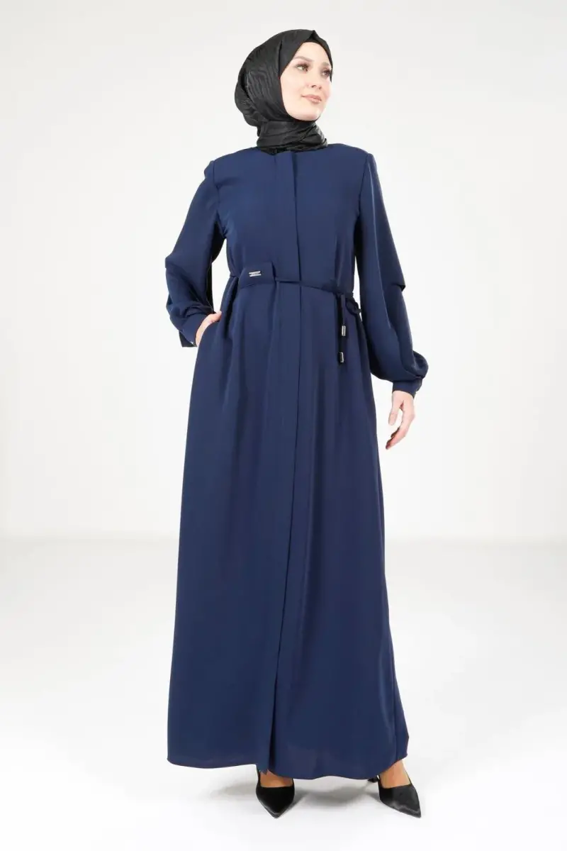 Lacivert Gizli Fermuarlı Kolları Yırtmaçlı Tesettür Ferace 9169-25 - 2