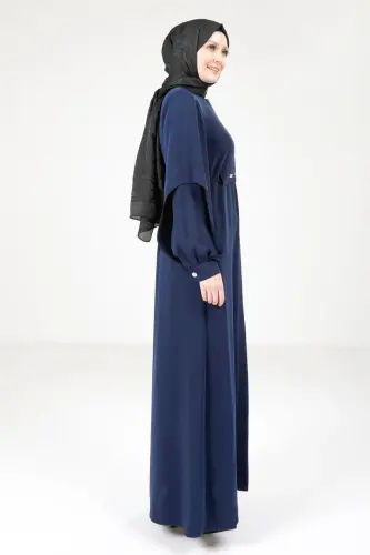 Lacivert Gizli Fermuarlı Kolları Yırtmaçlı Tesettür Ferace 9169-25 - 3