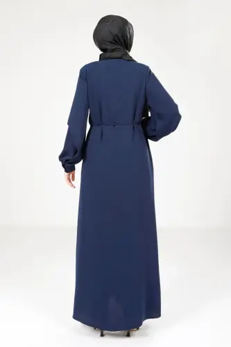 Lacivert Gizli Fermuarlı Kolları Yırtmaçlı Tesettür Ferace 9169-25 - 4