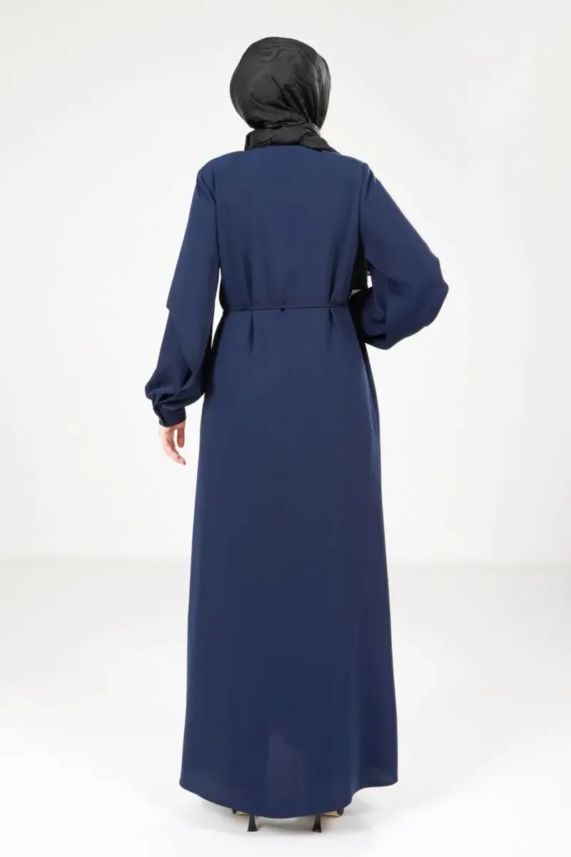 Lacivert Gizli Fermuarlı Kolları Yırtmaçlı Tesettür Ferace 9169-25 - 4