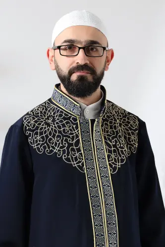 Lacivert Hakim Yaka Erkek Namaz Elbisesi Şerit Nakış İşlemeli İmam Cübbesi - 4