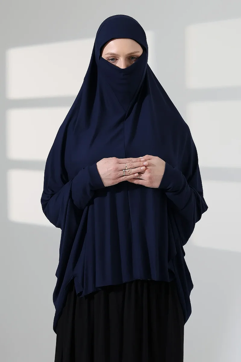 Lacivert Hazır Pratik Sultanbaş Tesettür Kollu Penye Sufle Eşarp Hijab - 4