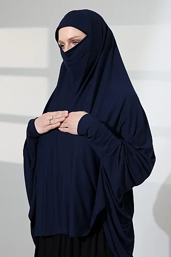 Lacivert Hazır Pratik Sultanbaş Tesettür Kollu Penye Sufle Eşarp Hijab - 5