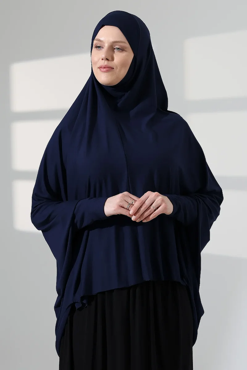 Lacivert Hazır Pratik Sultanbaş Tesettür Kollu Penye Sufle Eşarp Hijab - 1