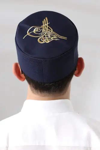 Lacivert Kapitone Osmanlı Tuğrası Nakışlı Kalıp Namaz Takkesi - ihvanonline (1)