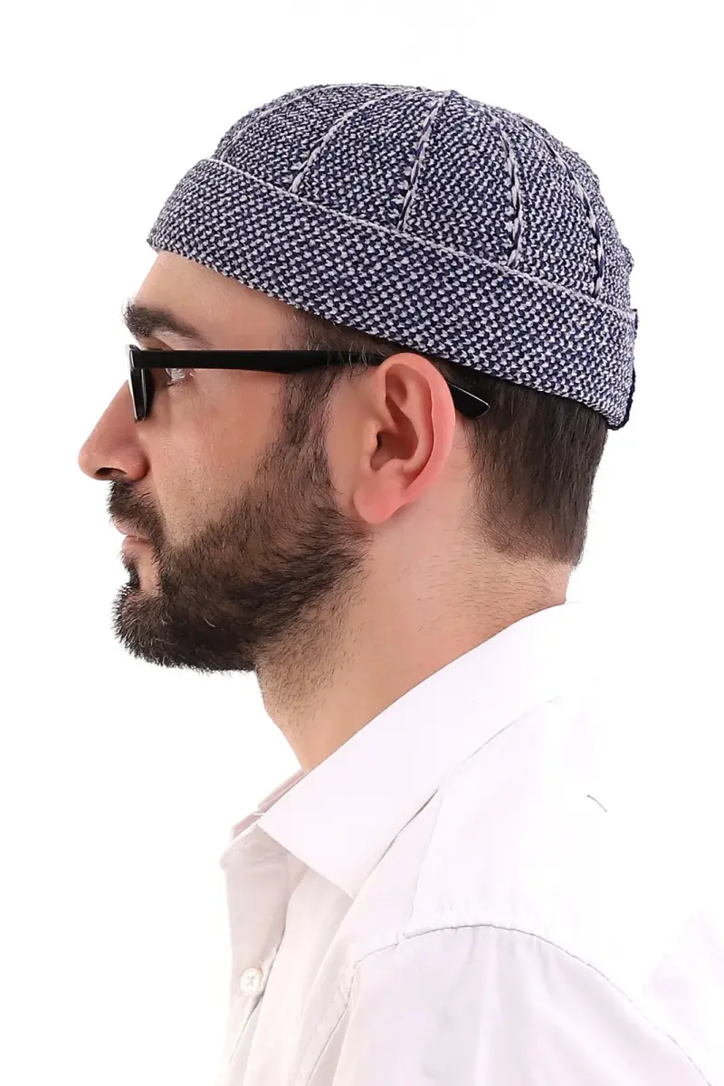 Lacivert Katlamalı Çift Renk Kışlık Kadife Takke - 5