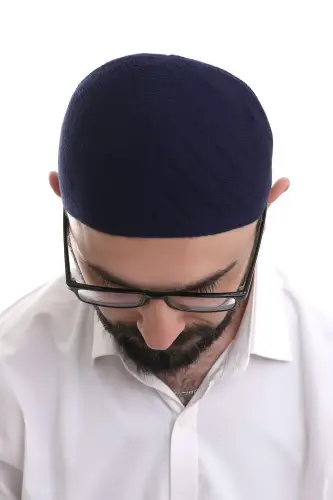 Lacivert Kışlık Çapraz Desenli Dokuma Takke - 4