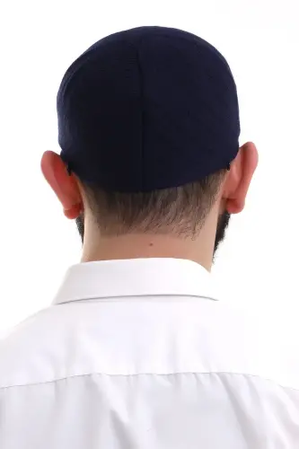 Lacivert Kışlık Çapraz Desenli Dokuma Takke - 5