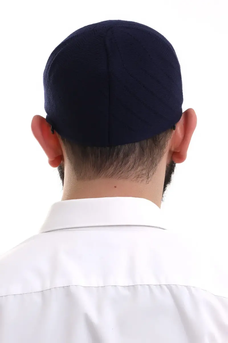 Lacivert Kışlık Çapraz Desenli Dokuma Takke - 5
